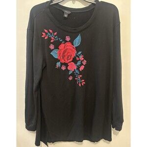 Intro Black Floral Embroidered Long Sleeve Tunic Top Size L Rayon Blend